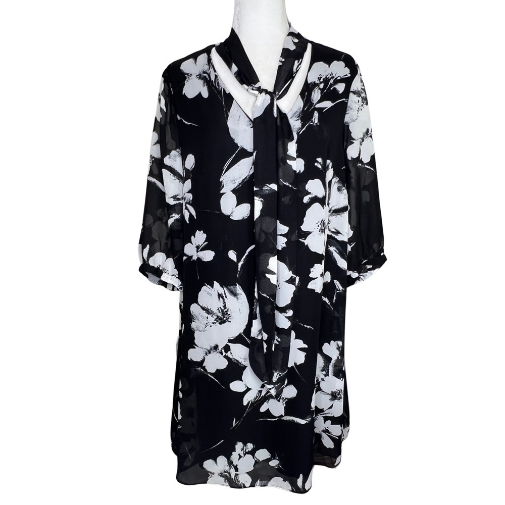 New Floral Dress Tie Neck Sheer Sleeve Black White Flowers Plus 16 NWT J Howard